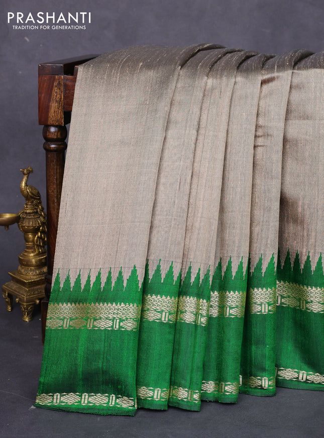Pure dupion silk saree grey and green with plain body and temple design rettapet zari woven border