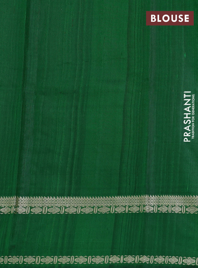 Pure dupion silk saree grey and green with plain body and temple design rettapet zari woven border