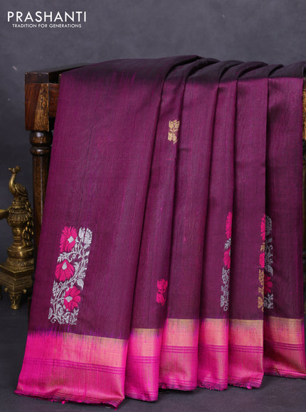 Pure dupion silk saree deep jamun and magenta pink with thread & silver zari woven buttas and zari woven border