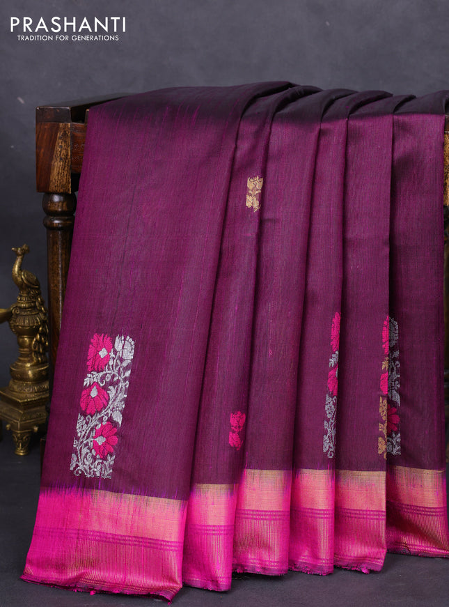 Pure dupion silk saree deep jamun and magenta pink with thread & silver zari woven buttas and zari woven border