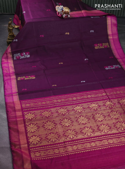 Pure dupion silk saree deep jamun and magenta pink with thread & silver zari woven buttas and zari woven border