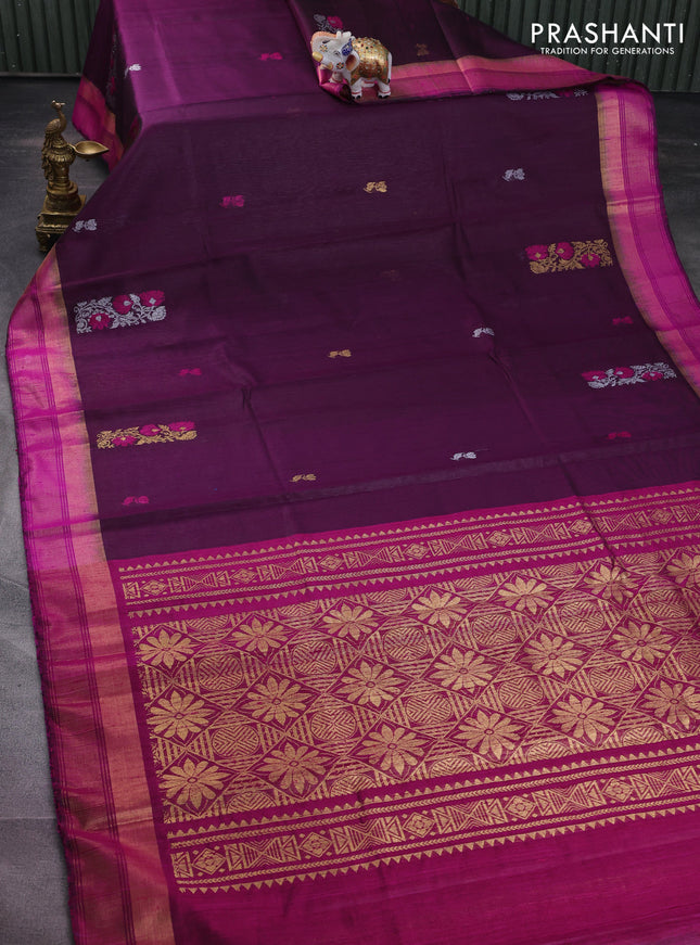 Pure dupion silk saree deep jamun and magenta pink with thread & silver zari woven buttas and zari woven border