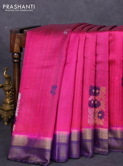 Pure dupion silk saree pink and violet with thread & silver zari woven buttas and zari woven border