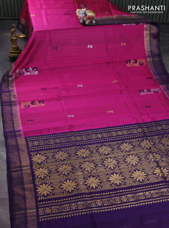 Pure dupion silk saree pink and violet with thread & silver zari woven buttas and zari woven border