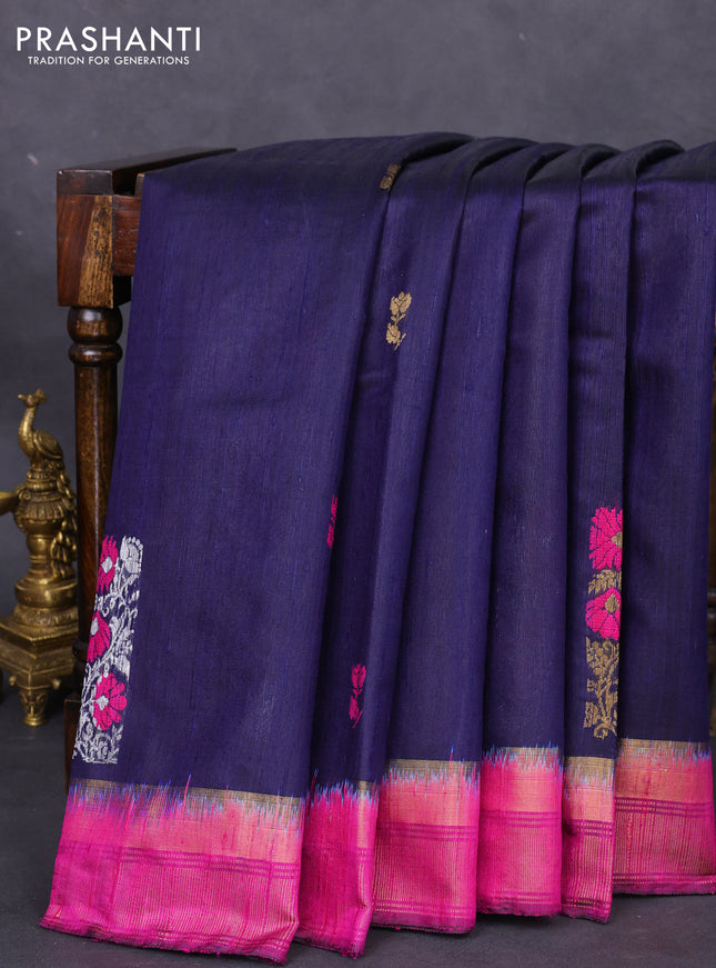 Pure dupion silk saree navy blue and purple with thread & silver zari woven buttas and zari woven border