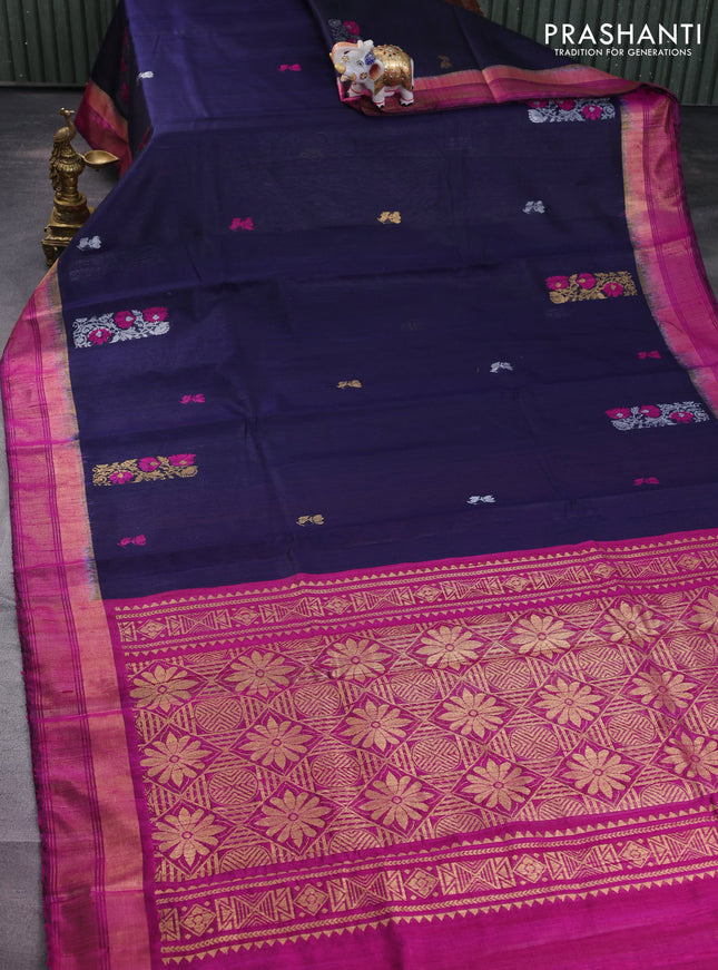 Pure dupion silk saree navy blue and purple with thread & silver zari woven buttas and zari woven border