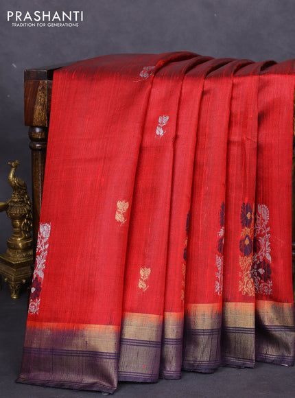 Pure dupion silk saree red and deep jamun with thread & silver zari woven buttas and zari woven border
