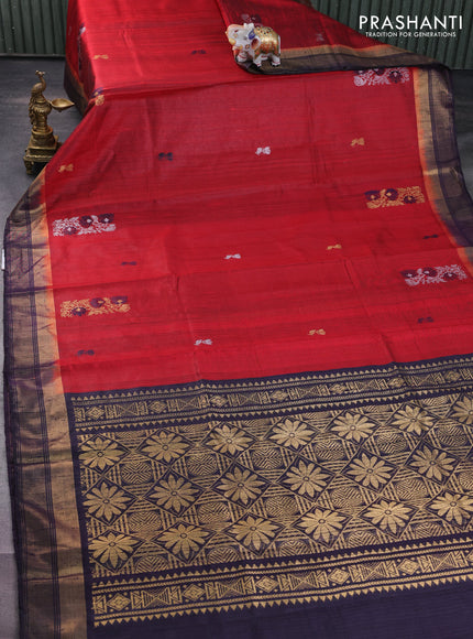 Pure dupion silk saree red and deep jamun with thread & silver zari woven buttas and zari woven border