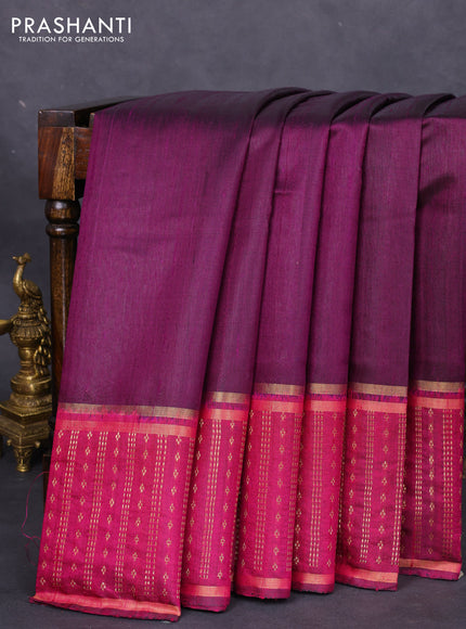 Pure dupion silk saree wine shade and magenta pink with plain body and zari woven border