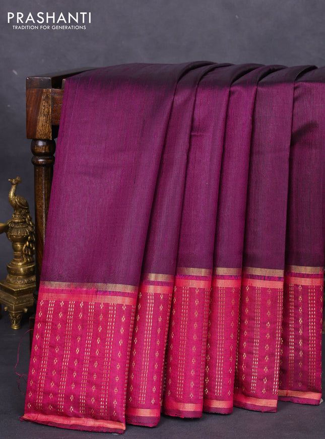 Pure dupion silk saree wine shade and magenta pink with plain body and zari woven border