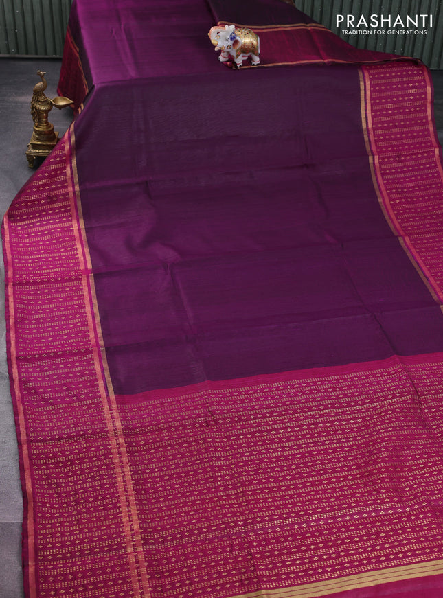 Pure dupion silk saree wine shade and magenta pink with plain body and zari woven border