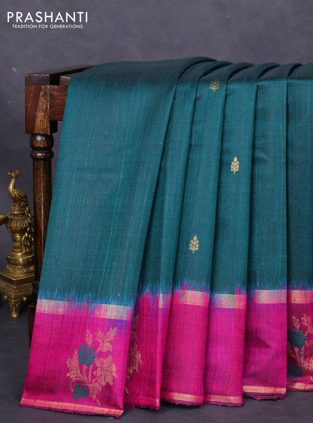 Pure dupion silk saree peacock green and magenta pink with zari woven buttas and zari woven butta border