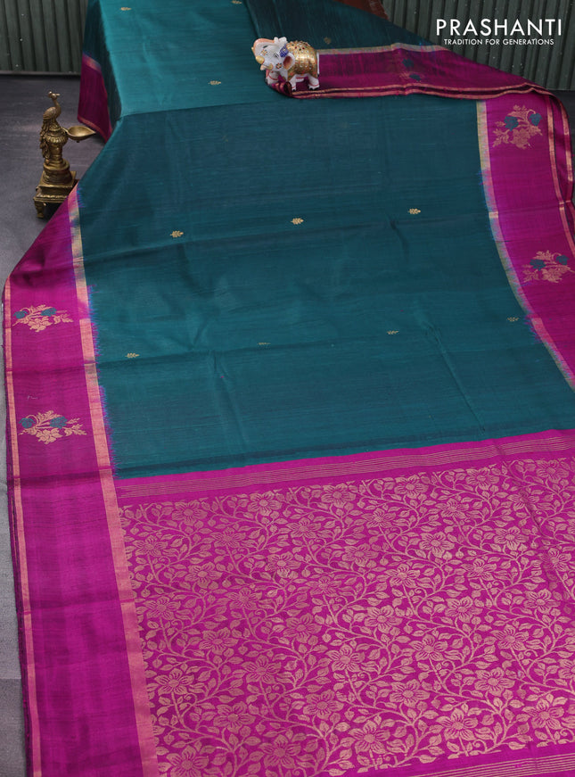 Pure dupion silk saree peacock green and magenta pink with zari woven buttas and zari woven butta border