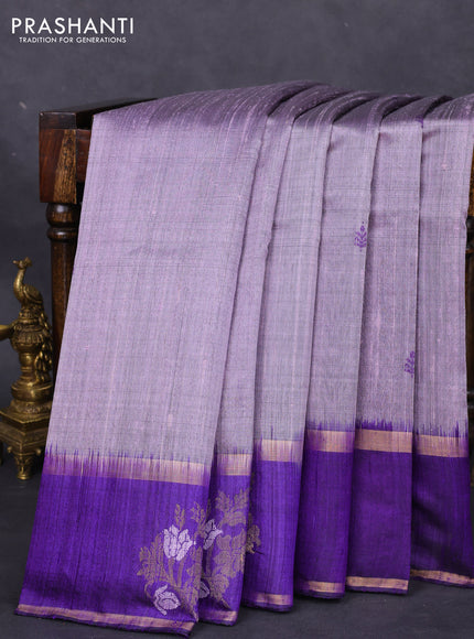Pure dupion silk saree pastel lavender and violet with thread woven buttas and zari woven butta border