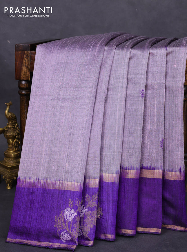 Pure dupion silk saree pastel lavender and violet with thread woven buttas and zari woven butta border