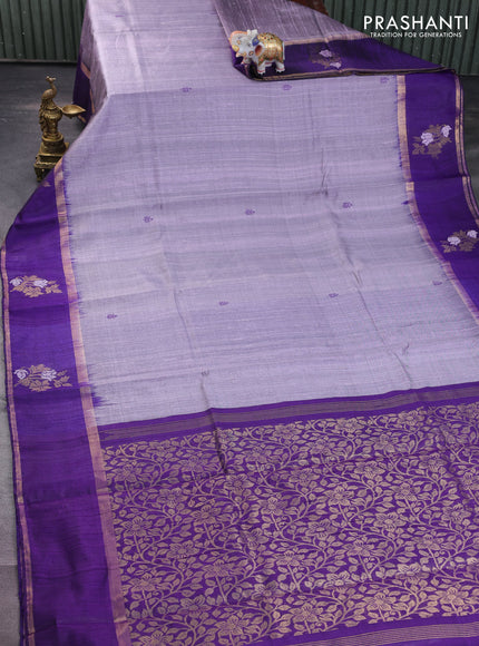 Pure dupion silk saree pastel lavender and violet with thread woven buttas and zari woven butta border