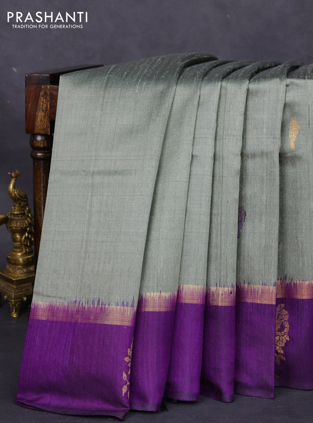 Pure dupion silk saree grey and violet with thread woven buttas and zari woven butta border