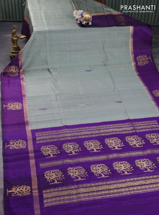 Pure dupion silk saree grey and violet with thread woven buttas and zari woven butta border