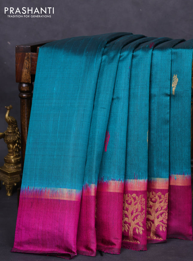 Pure dupion silk saree peacock green and magenta pink with thread woven buttas and zari woven butta border
