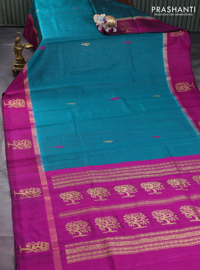 Pure dupion silk saree peacock green and magenta pink with thread woven buttas and zari woven butta border