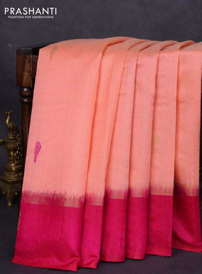 Pure dupion silk saree peach orange and pink with thread woven buttas and zari woven butta border