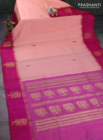 Pure dupion silk saree peach orange and pink with thread woven buttas and zari woven butta border
