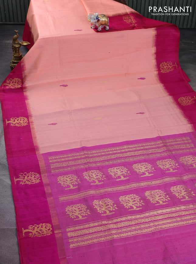 Pure dupion silk saree peach orange and pink with thread woven buttas and zari woven butta border