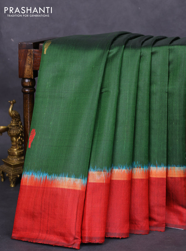 Pure dupion silk saree green and maroon with thread woven buttas and zari woven butta border