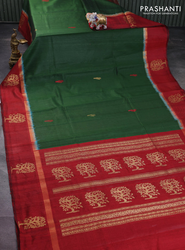 Pure dupion silk saree green and maroon with thread woven buttas and zari woven butta border