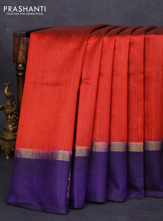 Pure dupion silk saree rustic orange and violet with thread woven buttas and zari woven butta border