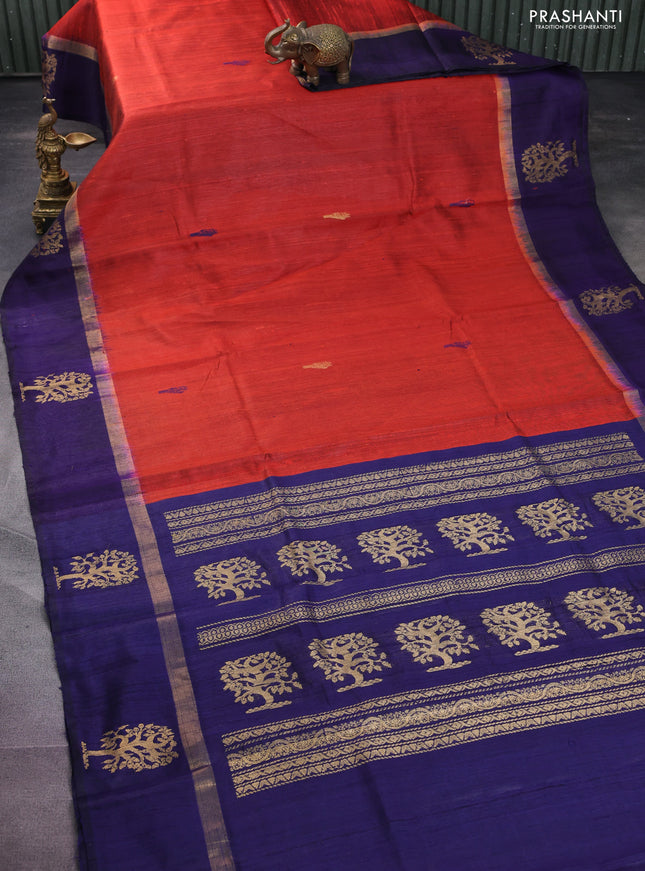 Pure dupion silk saree rustic orange and violet with thread woven buttas and zari woven butta border
