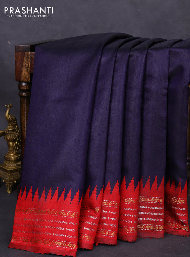 Pure dupion silk saree navy blue and maroon with plain body and temple design zari woven border