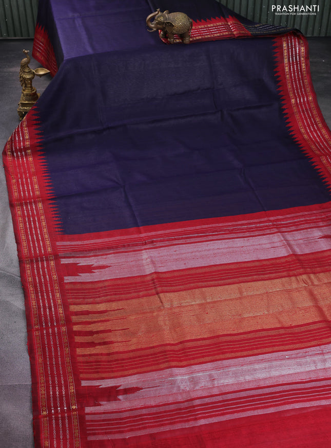 Pure dupion silk saree navy blue and maroon with plain body and temple design zari woven border