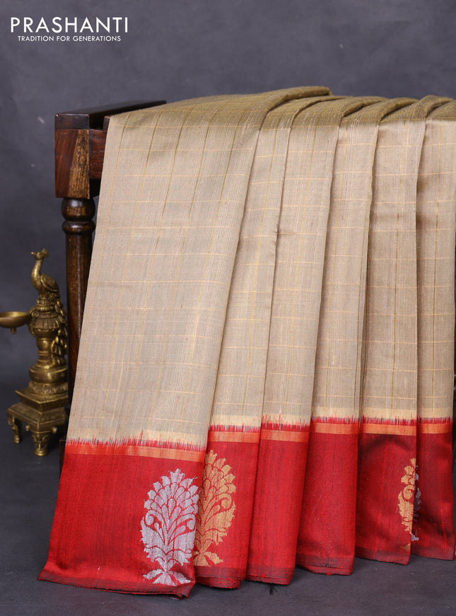 Pure dupion silk saree beige and maroon with allover zari checked pattern and zari woven butta border