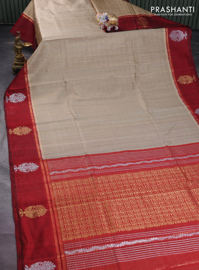 Pure dupion silk saree beige and maroon with allover zari checked pattern and zari woven butta border