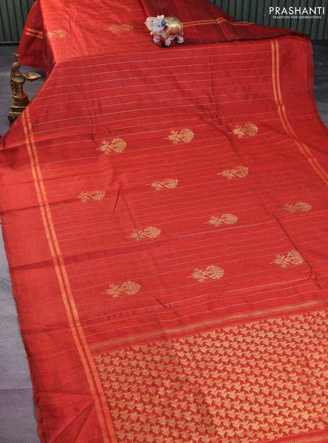 Pure dupion silk saree orange with allover zari weaves and zari woven simple border