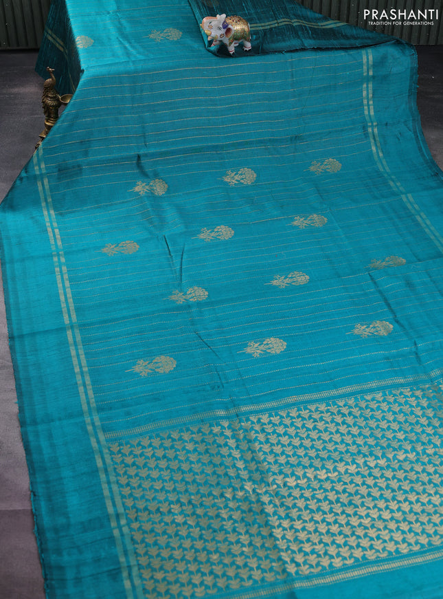 Pure dupion silk saree teal green with allover zari weaves and zari woven simple border