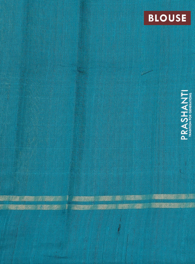 Pure dupion silk saree teal green with allover zari weaves and zari woven simple border