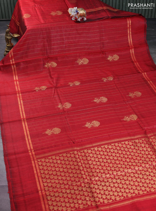 Pure dupion silk saree maroon with allover zari weaves and zari woven simple border