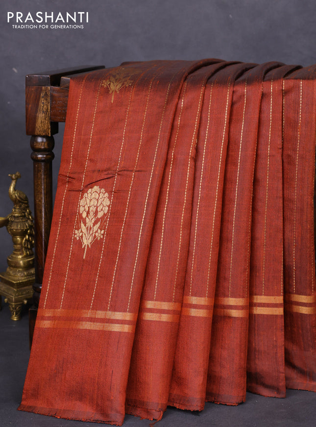 Pure dupion silk saree brown with allover zari weaves and zari woven simple border