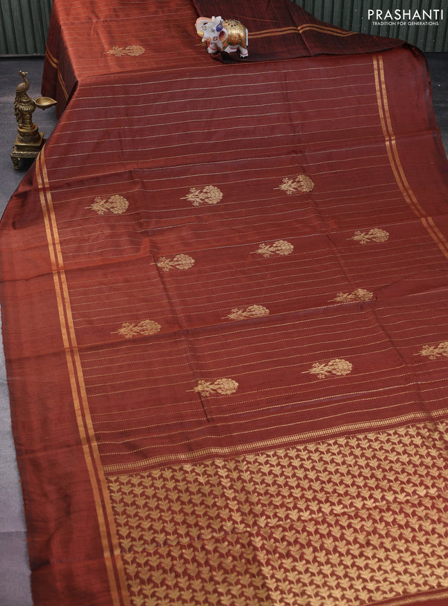 Pure dupion silk saree brown with allover zari weaves and zari woven simple border