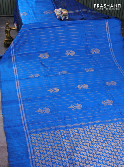 Pure dupion silk saree cs blue with allover zari weaves and zari woven simple border