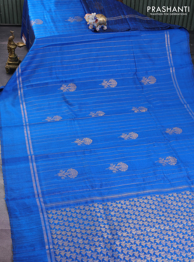 Pure dupion silk saree cs blue with allover zari weaves and zari woven simple border