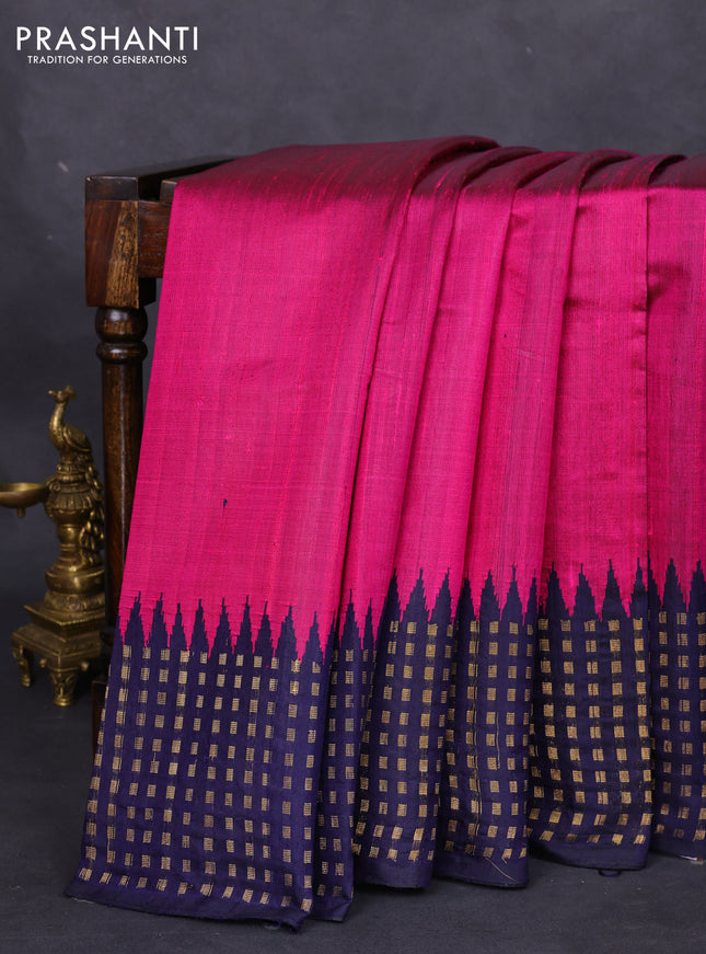 Pure dupion silk saree pink and navy blue with plain body and temple design zari butta border
