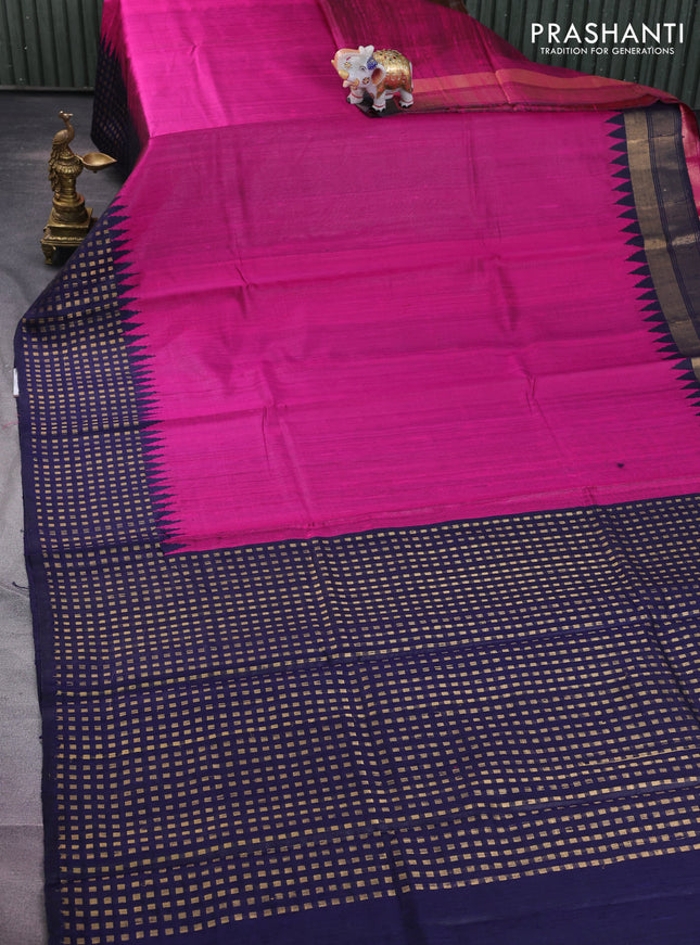 Pure dupion silk saree pink and navy blue with plain body and temple design zari butta border