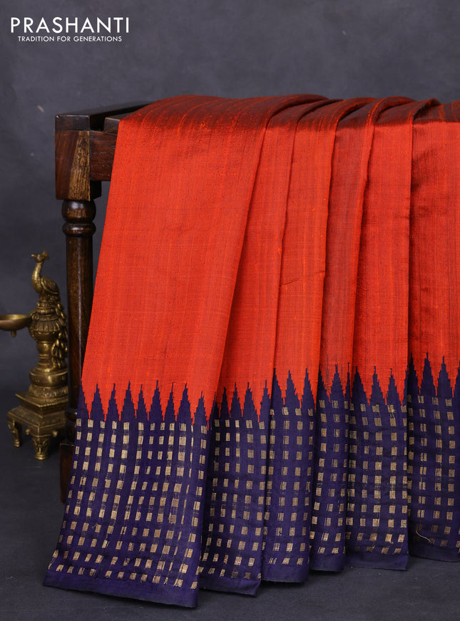 Pure dupion silk saree orange and navy blue with plain body and temple design zari butta border