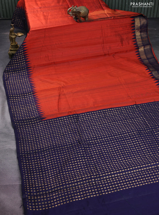 Pure dupion silk saree orange and navy blue with plain body and temple design zari butta border