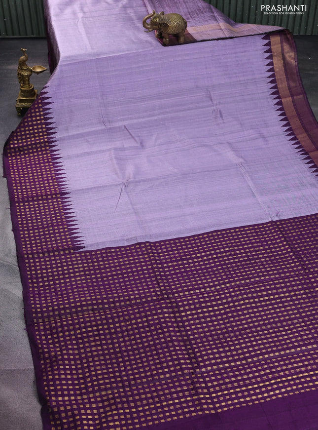 Pure dupion silk saree pastel lavender and deep purple with plain body and temple design zari butta border