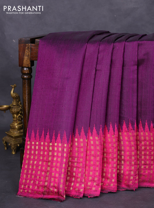 Pure dupion silk saree deep purple and magenta pink with plain body and temple design zari butta border