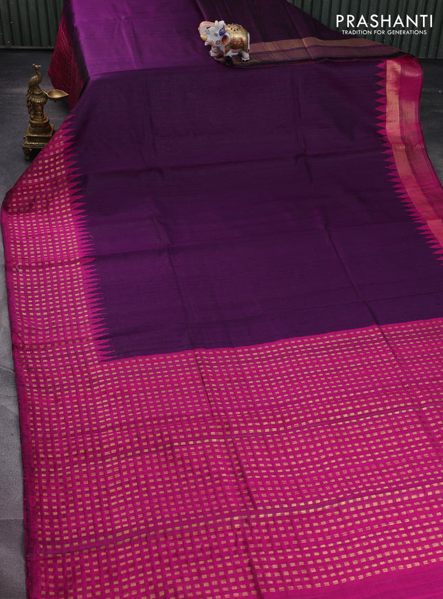 Pure dupion silk saree deep purple and magenta pink with plain body and temple design zari butta border